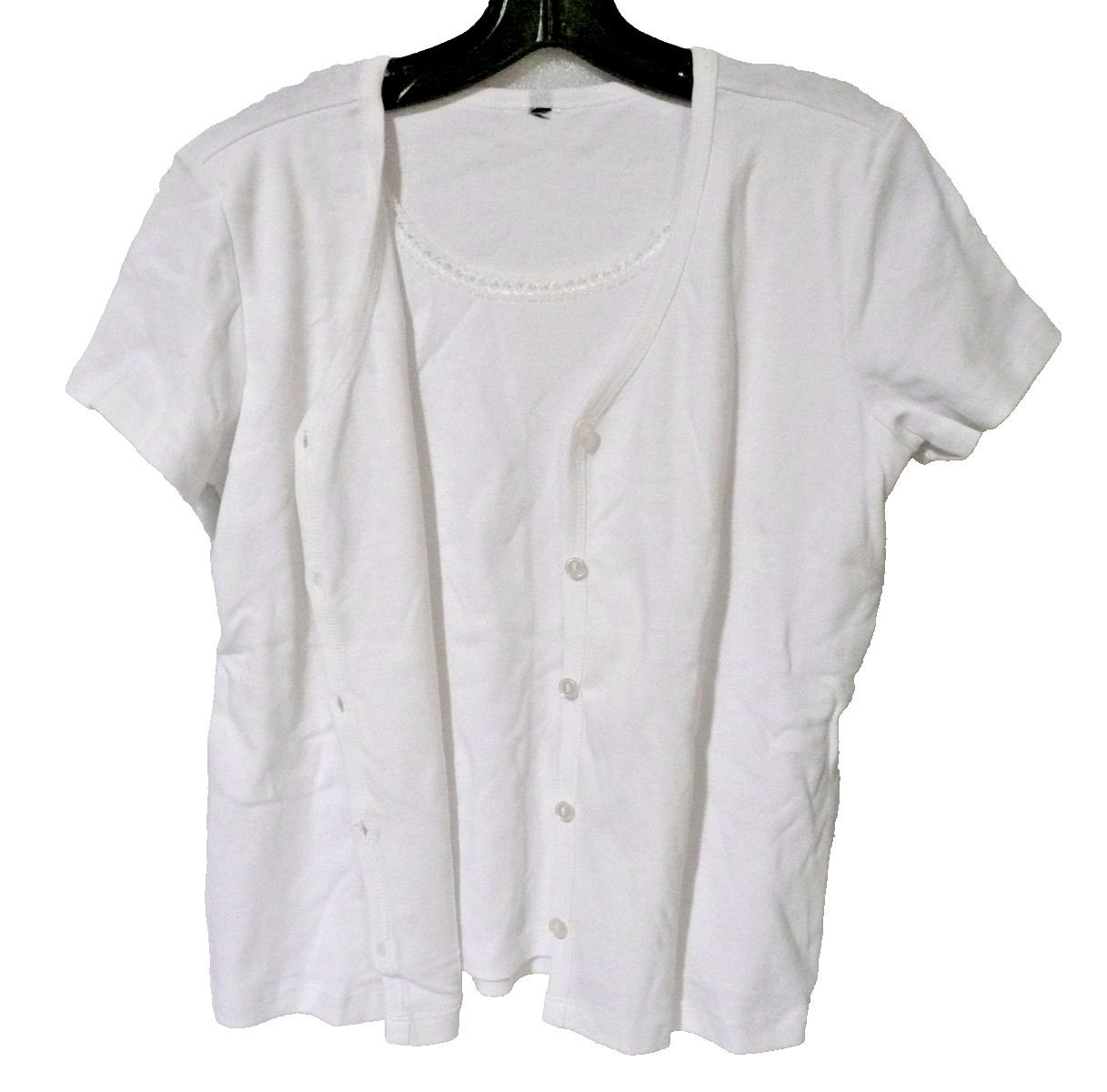 Unbranded Women White Cotton Short Sleeve 2-in-1 blouse w/front neck Lacy Trim