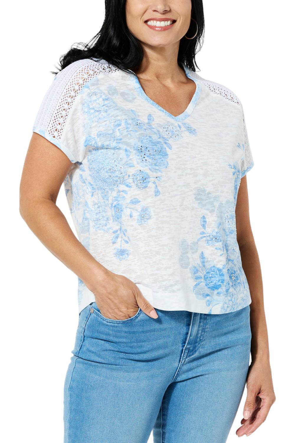 DG2 by Diane Gilman Printed Burnout Knit Dolman-Sleeve Top White
