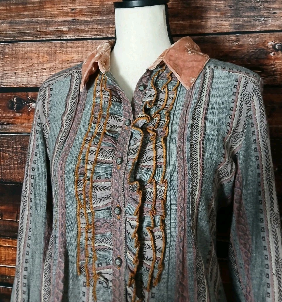 Soft Surroundings Tunic Top S Boho Long Ruffle Embroidered Roll Tab Cuff Button