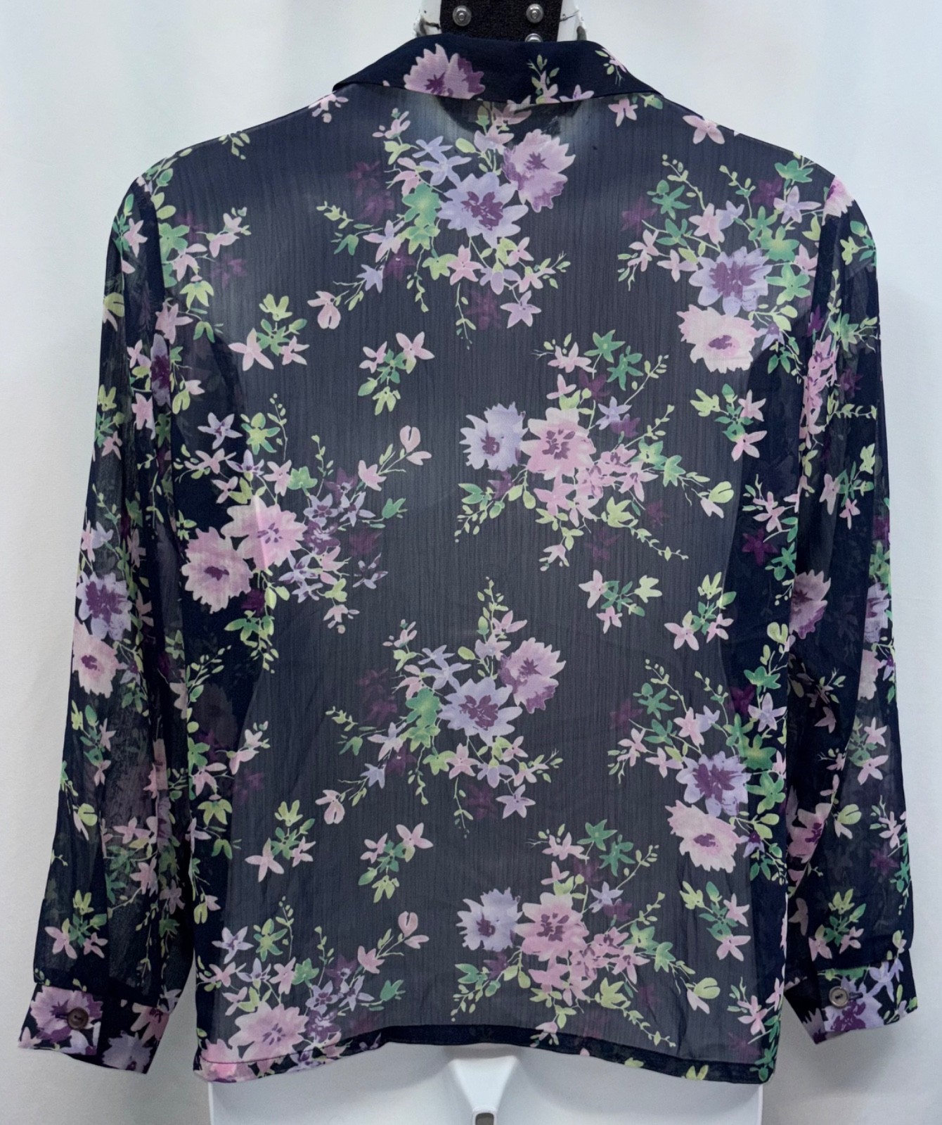 VTG Haband Women Size L Button Up Long Sleeve Semi Sheer Top Navy Floral Print