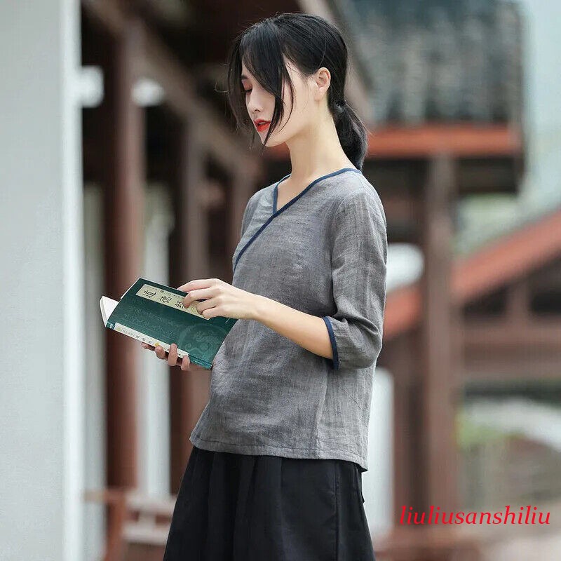 Women Ethnic Half Sleeve Top V-neck Hanfu Shirt Blouse Retro Tang Suit Summer