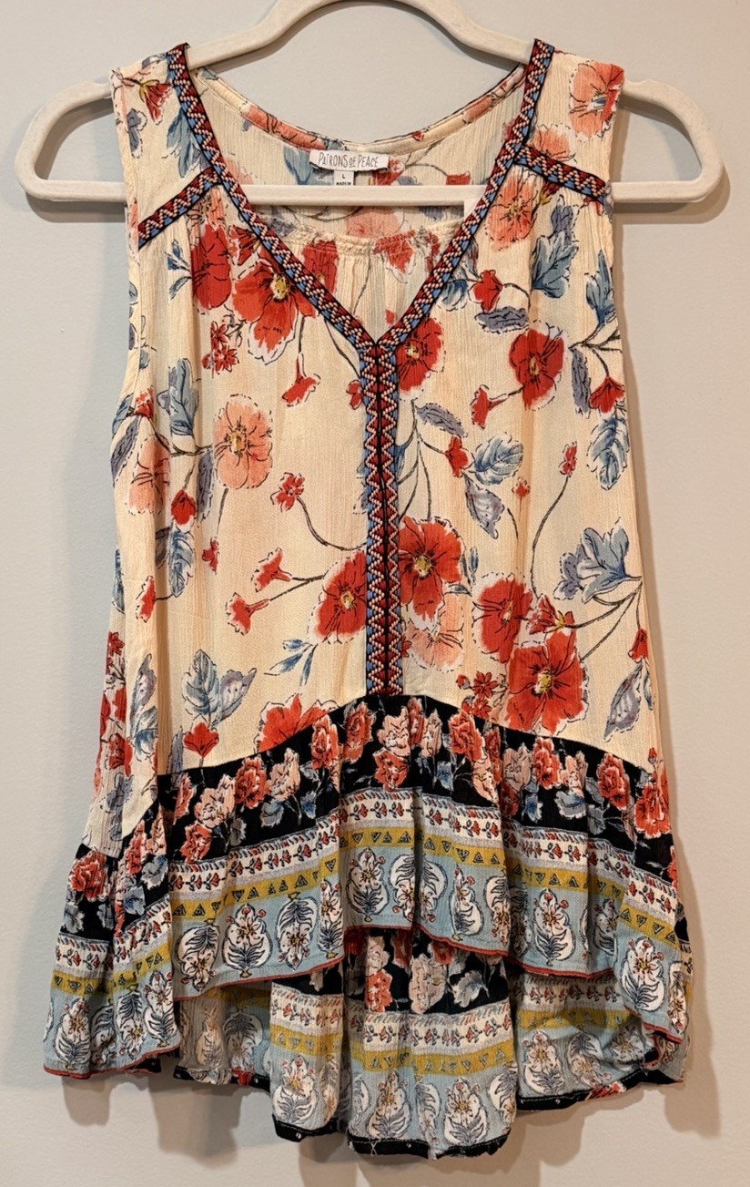 Patrons of Peace,Boho, Summer Top, Floral, V-Neck, Tank Top, Ruffle Hem, Size L