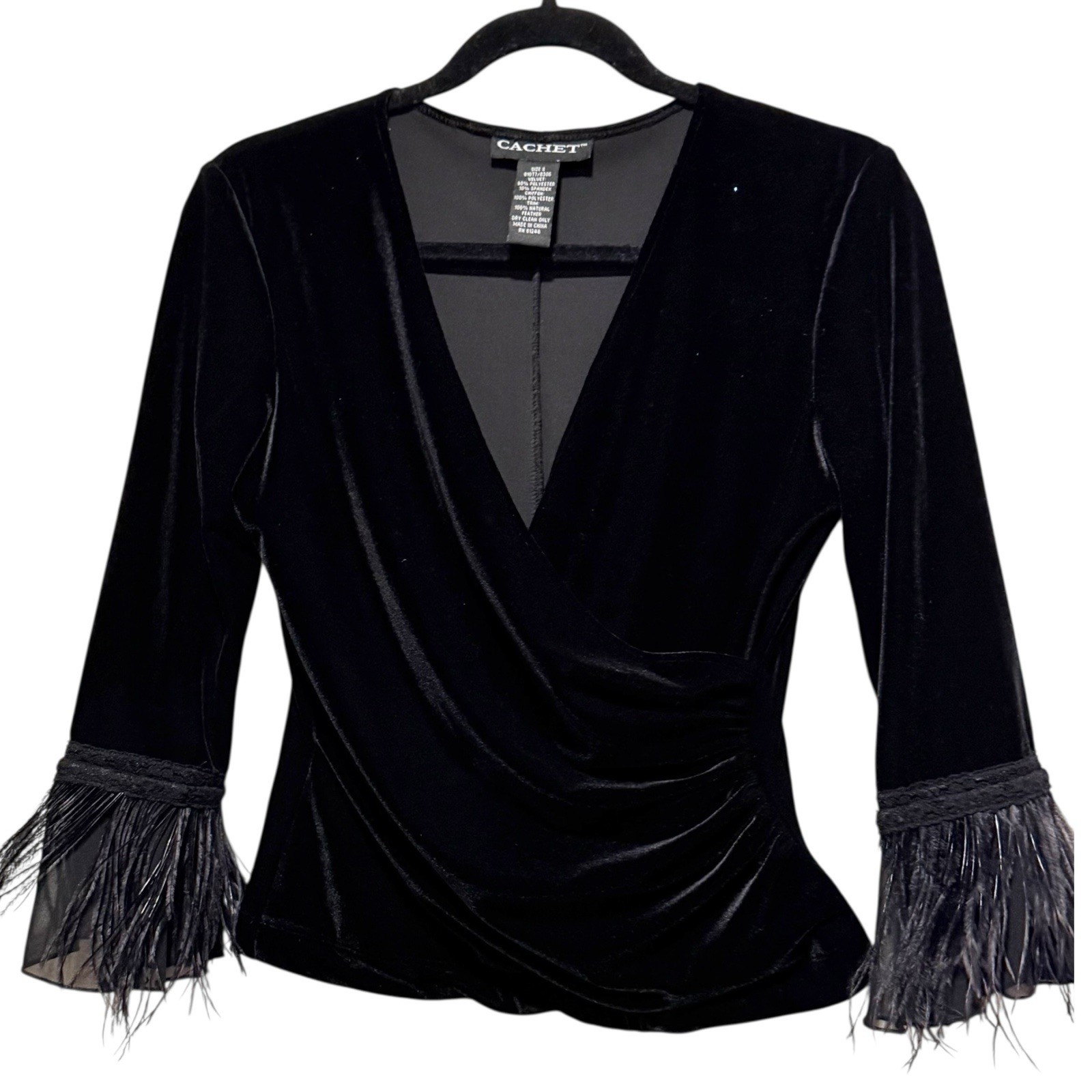VTG Cachet Velvet Feather Sz S V-neck Castlecore Regency Whimsigoth Black Top