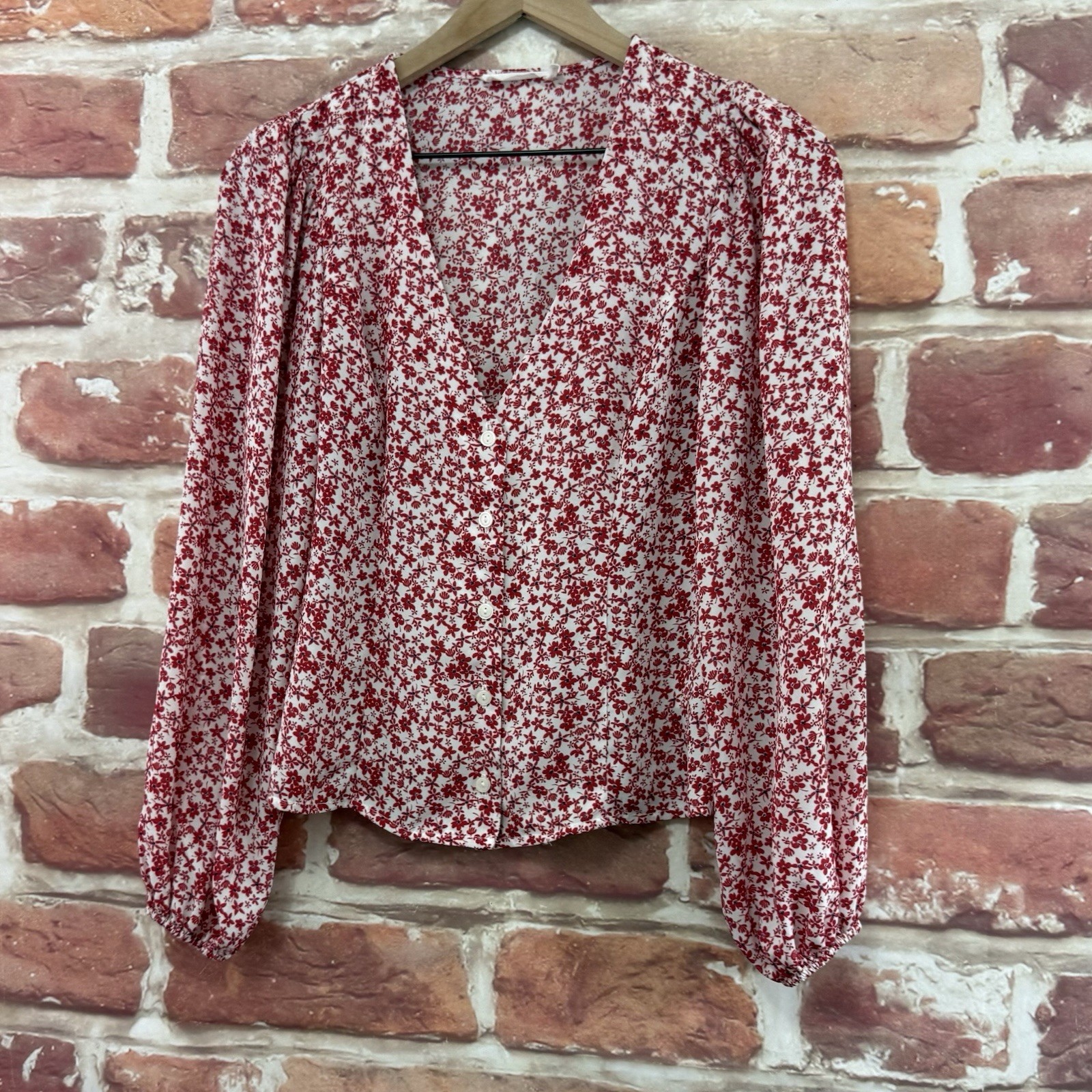 Lush Top Womens S Red White Cottage Ditsy Floral Peasant Sleeve Button Up Shirt