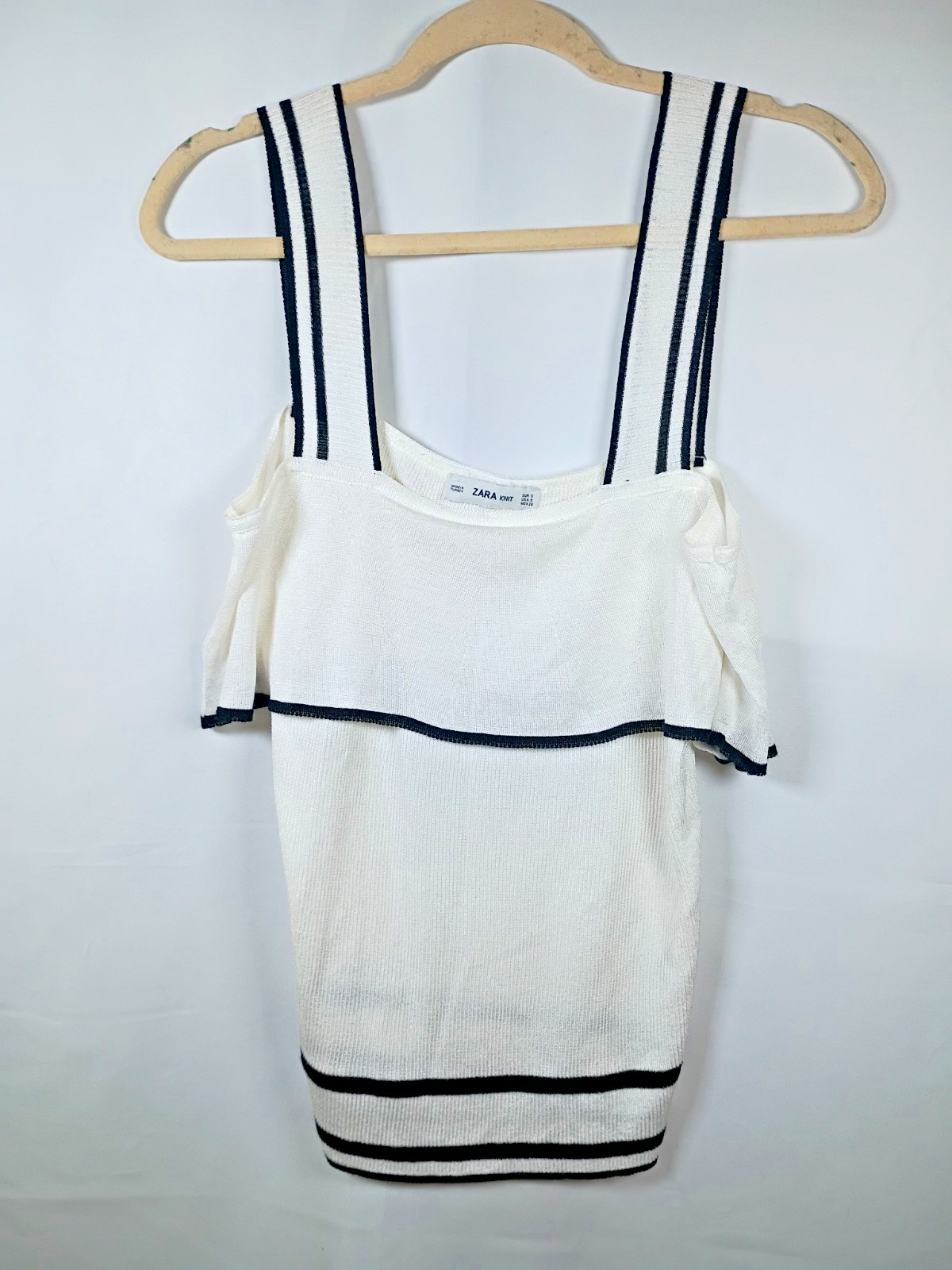 Zara Knit Womens S White Black Stripe Cold Shoulder Ruffle Crop Tank Top