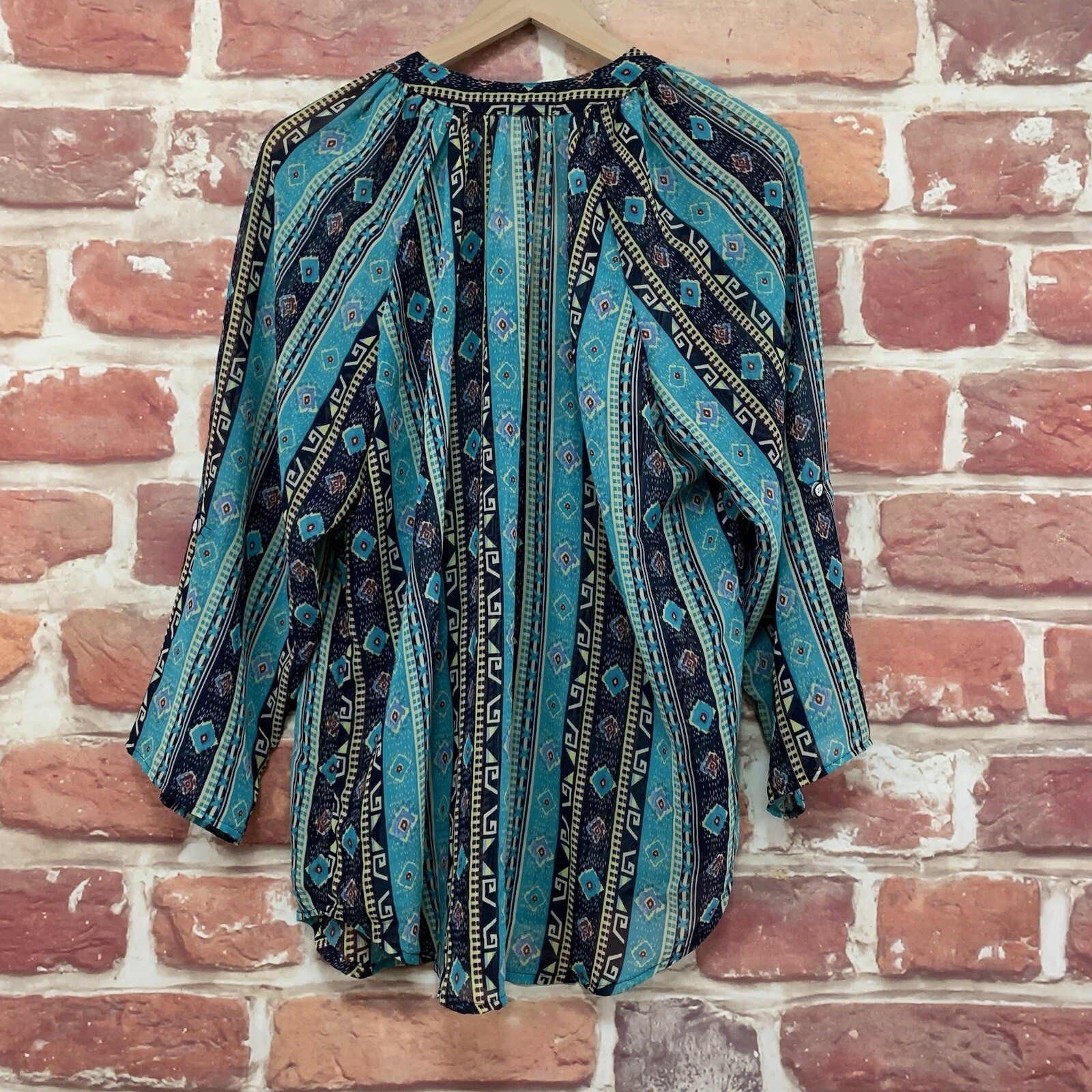 Urban Mangoz Top Shirt Womens Medium Blue Multicolor Boho Abstract Sheer Blouse