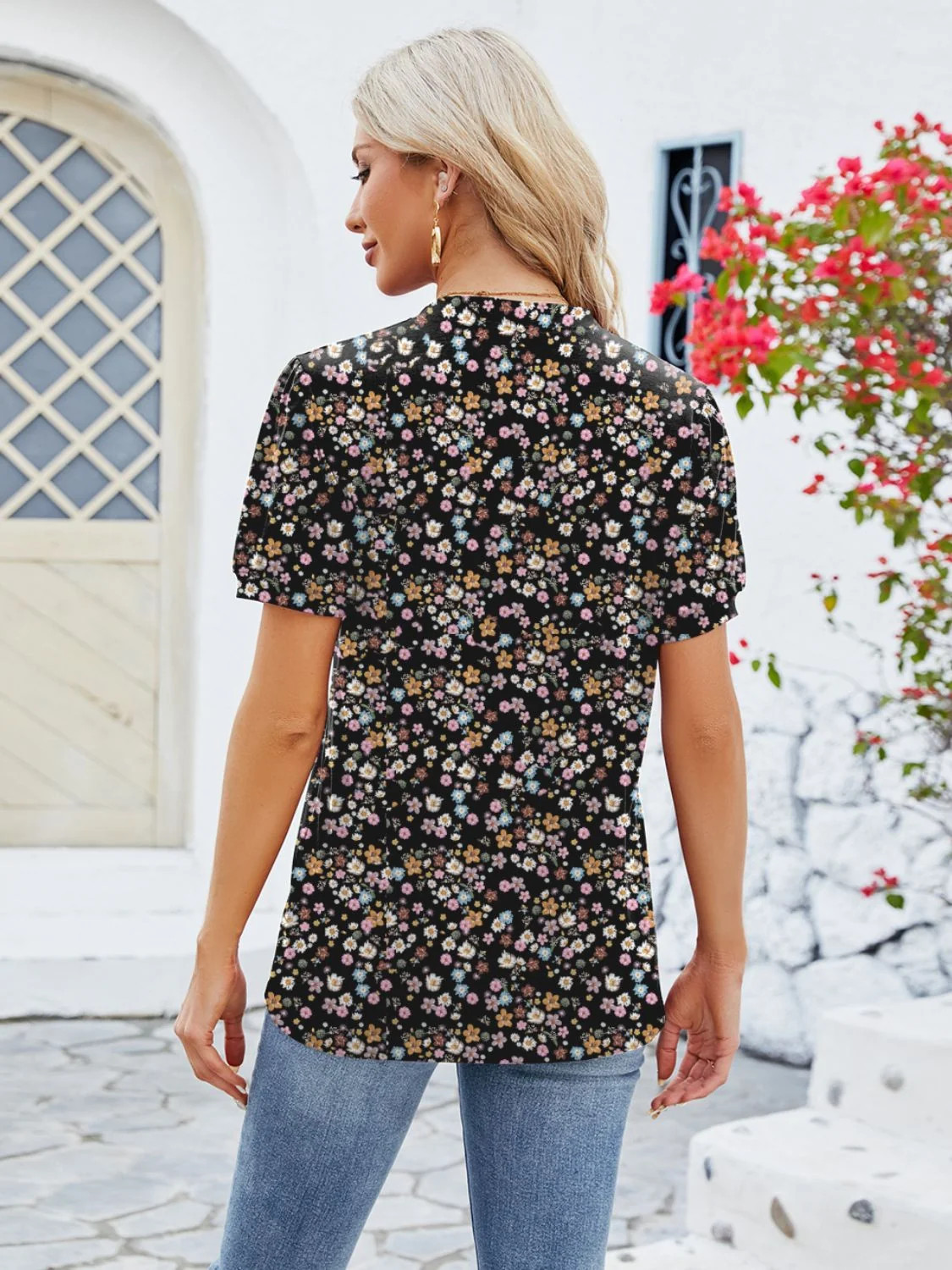 Women Ruched Printed Notched Short Sleeve Blouse
