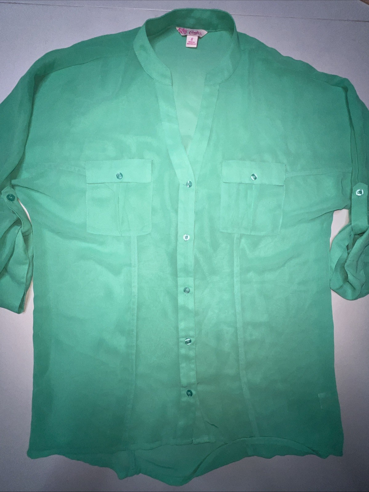 Candies Blouse Women’s Small Sheer Green V-neck High Low Button Front Pockets