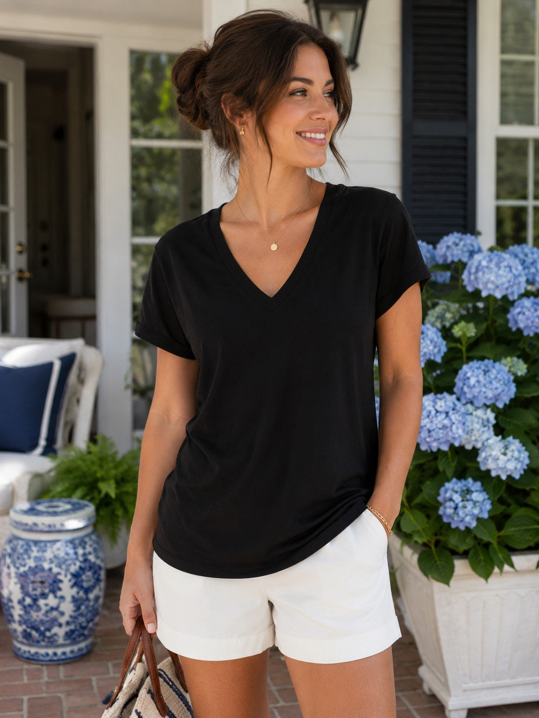 J.CREW J Crew Slub Cotton Tee Black V-Neck Short Sleeve Women’s Large L
