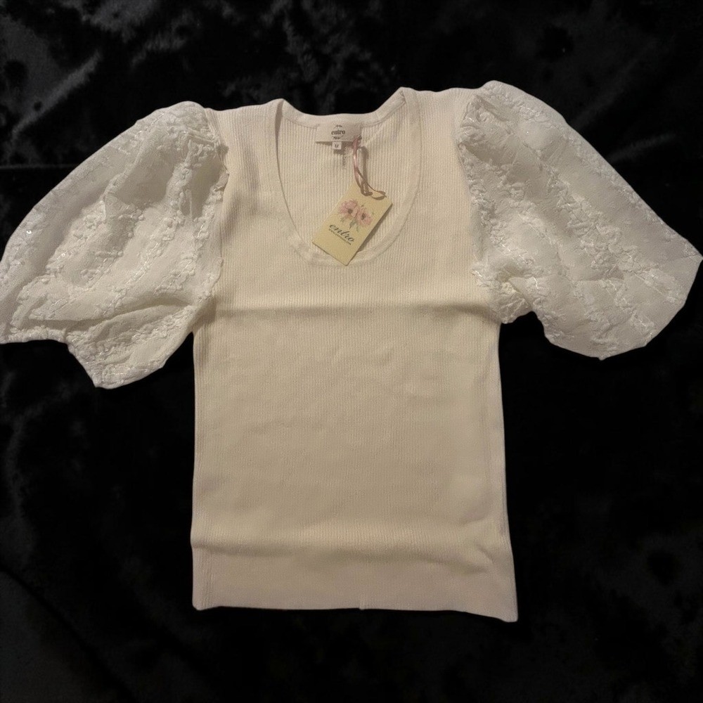 Entro Cream Ribbed Knit Puff Sleeve Top Scoop Neck Sequin Textured Size M Chic