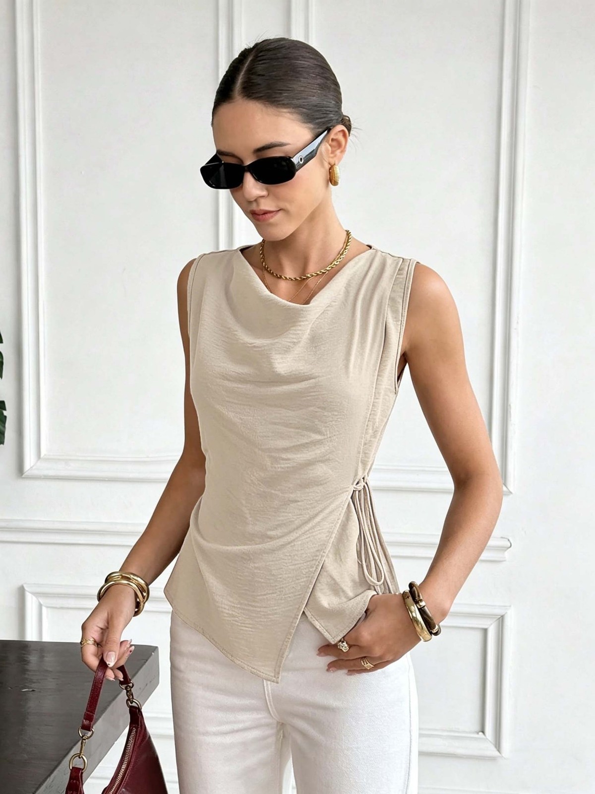 Women Khaki Sleeveless Cowl Neck Ruched Tank Top Casual Shirt S M L XL