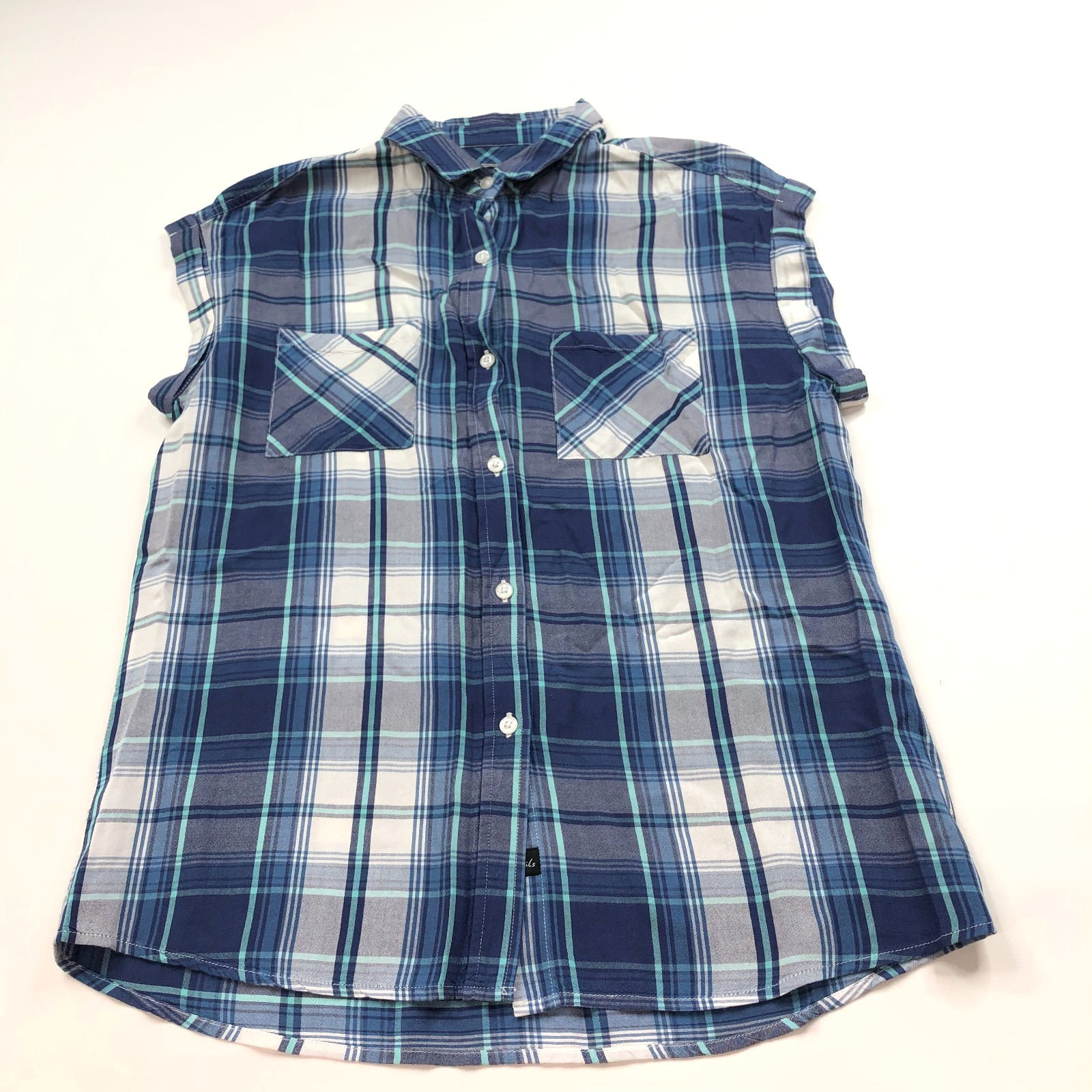 Rails XS 100% Rayon Button Short Sleeve Check Plaid Shirt Blue MINT