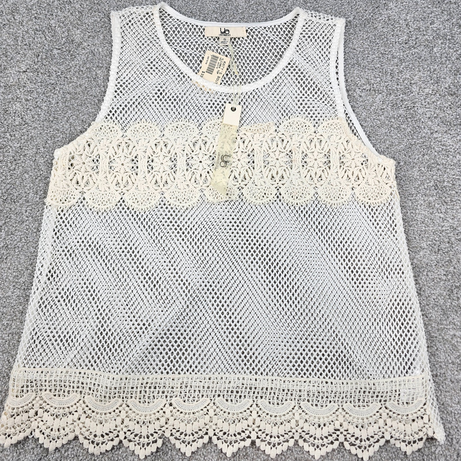 Womens Boho Open Mesh Lace Top Floral Ivory White Size Small