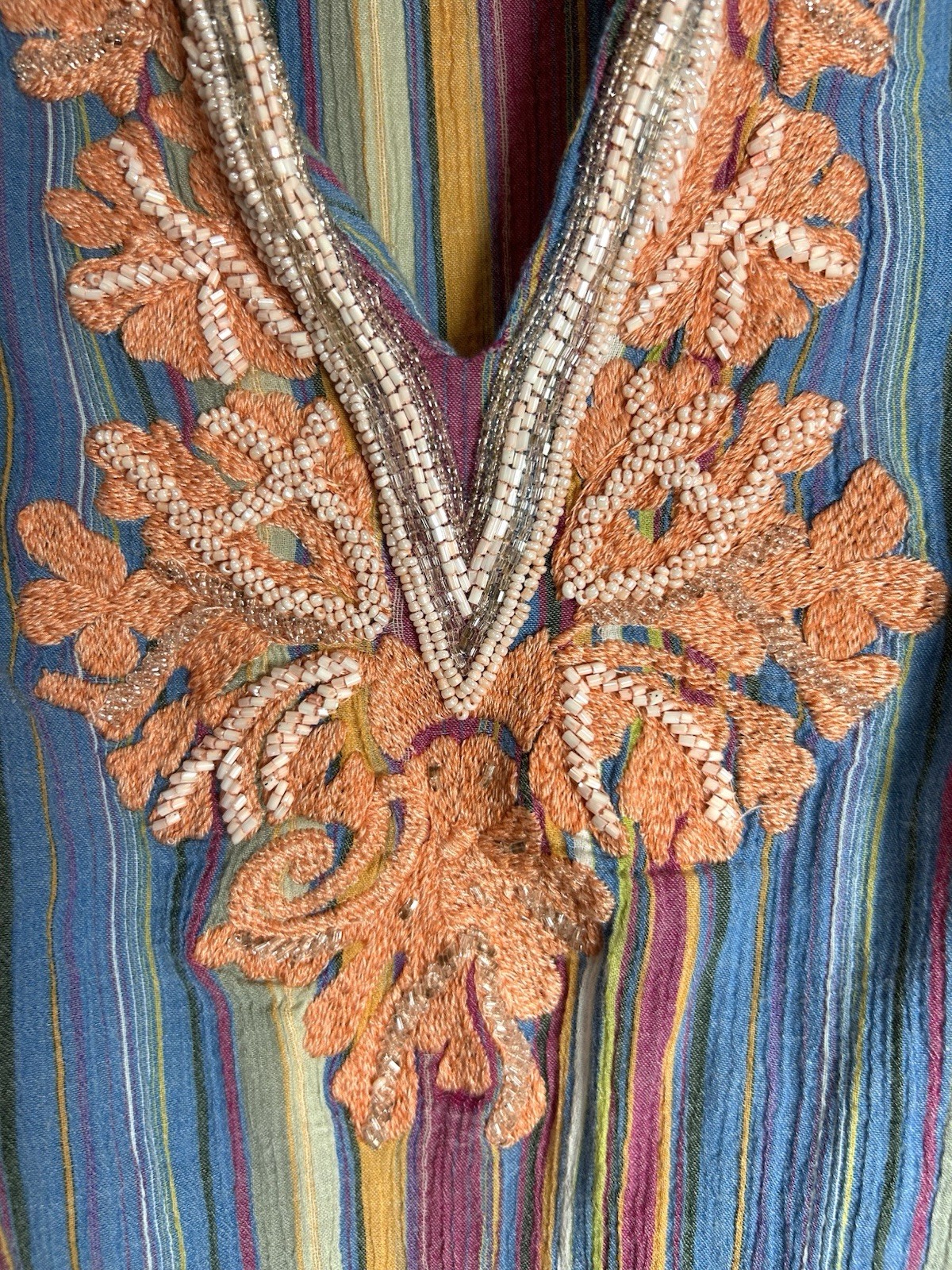 Soft Surroundings Tunic Top Embroidered Beaded Gauzy 100% Cotton Striped Gypsy L