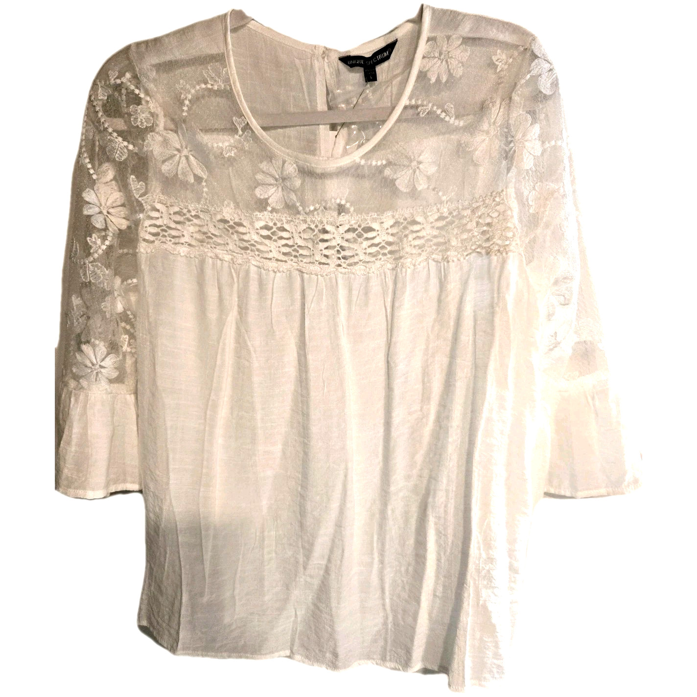 Unique Spectrum White Boho Blouse Top Sz L Womens