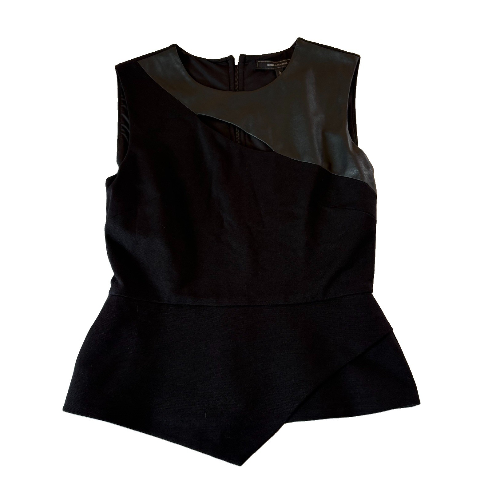 BCBG Maxazria Black Farrah Asymmetrical Top Ponte Faux Leather Peplum Small