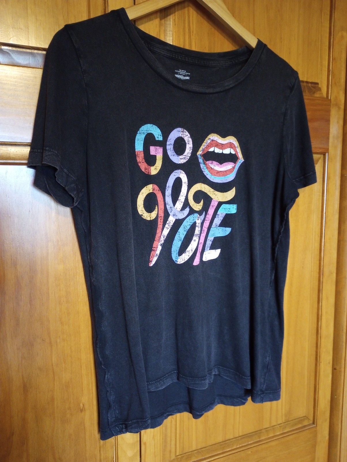 Anthropologie “Go Vote” Tee w/ inside out side stitch charcoal black Size Small
