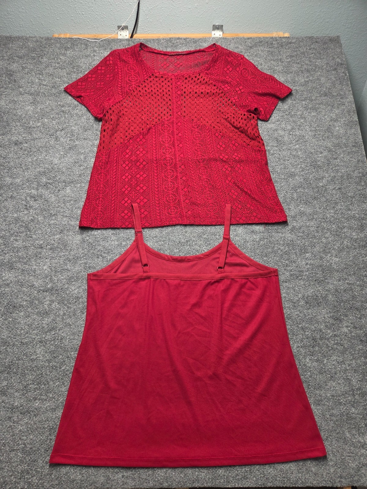 Womens Red Lace Mesh Short Sleeve Top Camisole Two Piece Set Boho Geometric Chic