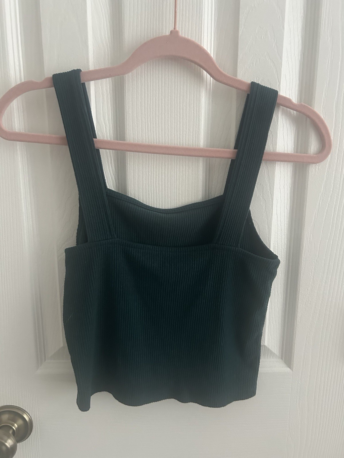 American Eagle Green Ribbed Knit Square Neck Wide Strap Cropped Tank Top M