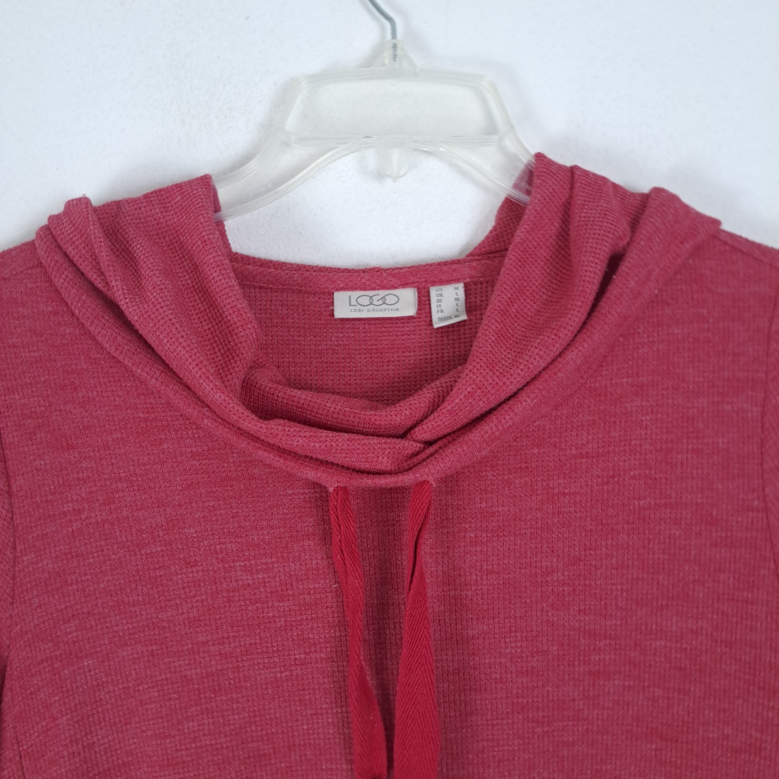 LOGO by Lori Goldstein Waffle Knit Pullover Hoodie M Berry Red Hi-Lo Hem Pockets