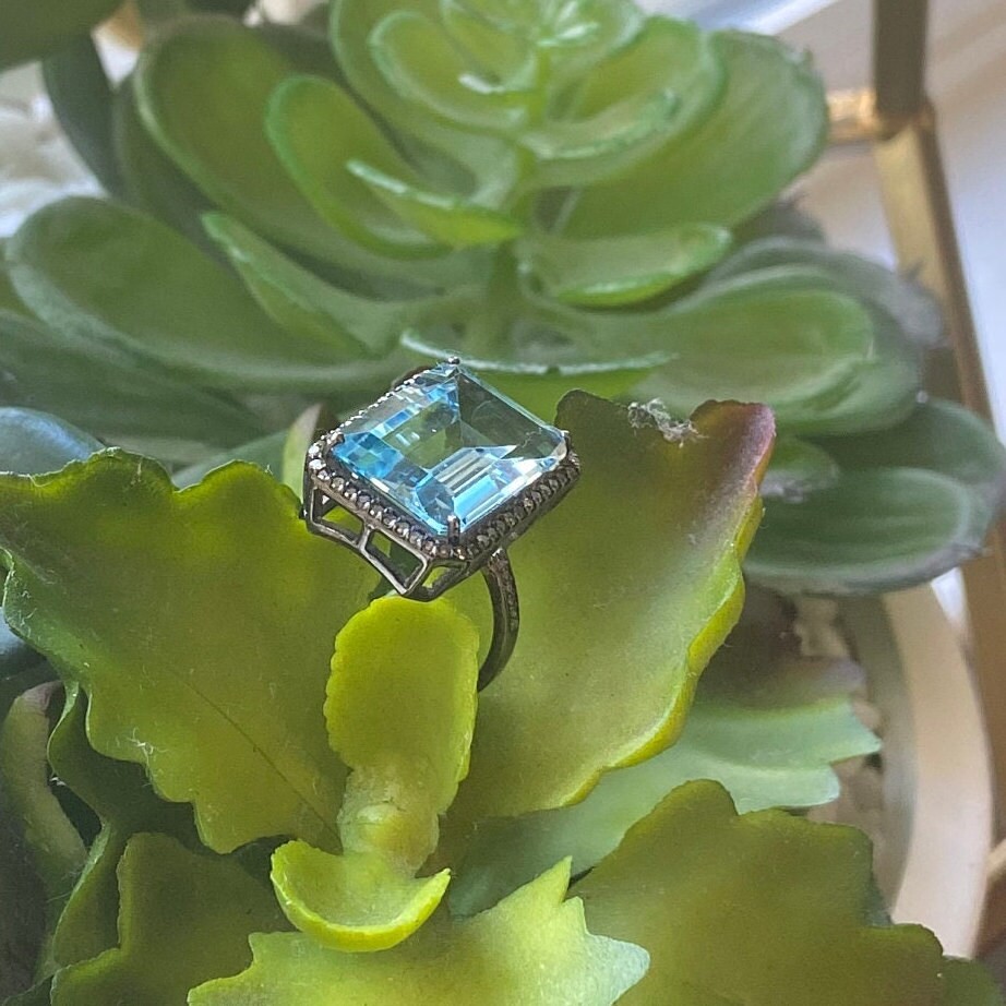 AQUAMARINE Ring – Polki Diamond Ring, Cushion Cut Ring, BLUE Stone Ring, Boho