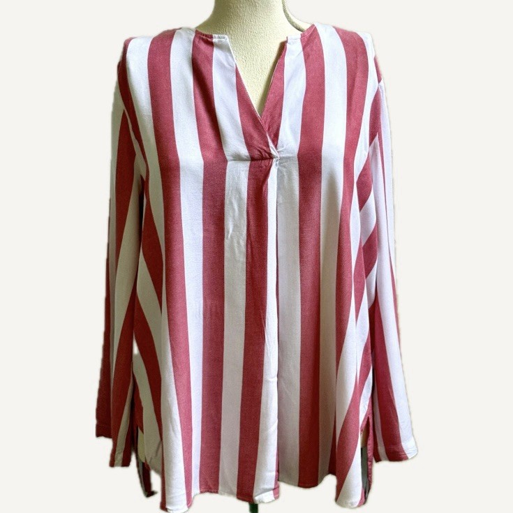 RUBY RD XL Pink White Cabana Stripe Rayon Split Neck Roll Tab Tunic Blouse
