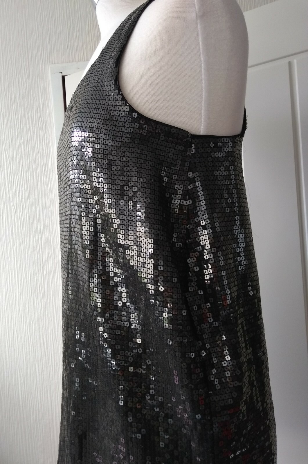 H&M Black Tunic Top Mini Dress Size Small 8-10 Sequins Long Vest Clubbing Sexy