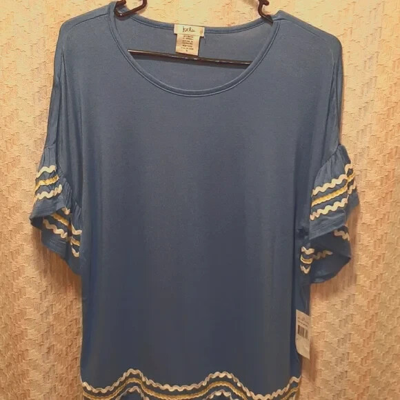 NWT Isela Blue Ruffled Sleeve Scoop Neck Boxy Fit Boho Top with Trim