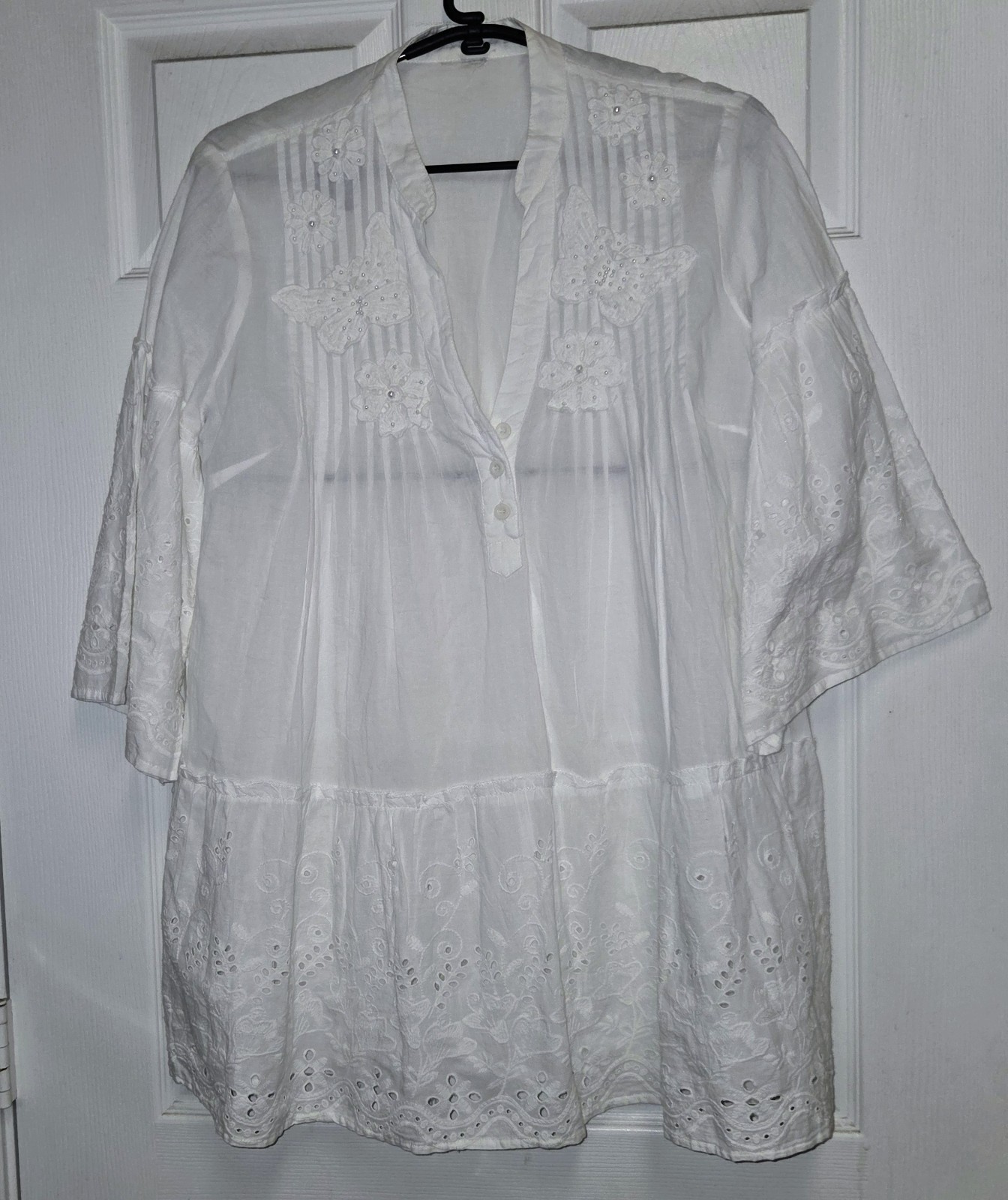 White AGORA Greece Eyelet Beads Sheer Cotton Pintuck Peasant Fairy Boho Tunic XL