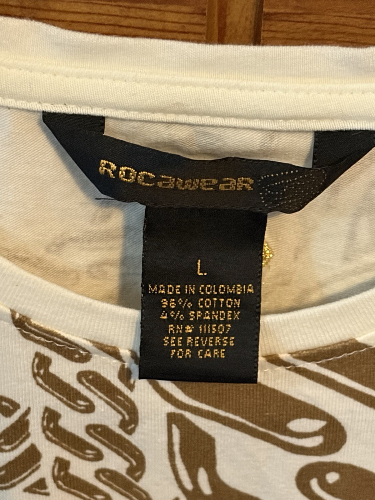 Rocawear Women’s L White Brown Logo Print Crew Neck Short Sleeve Stretch Tee