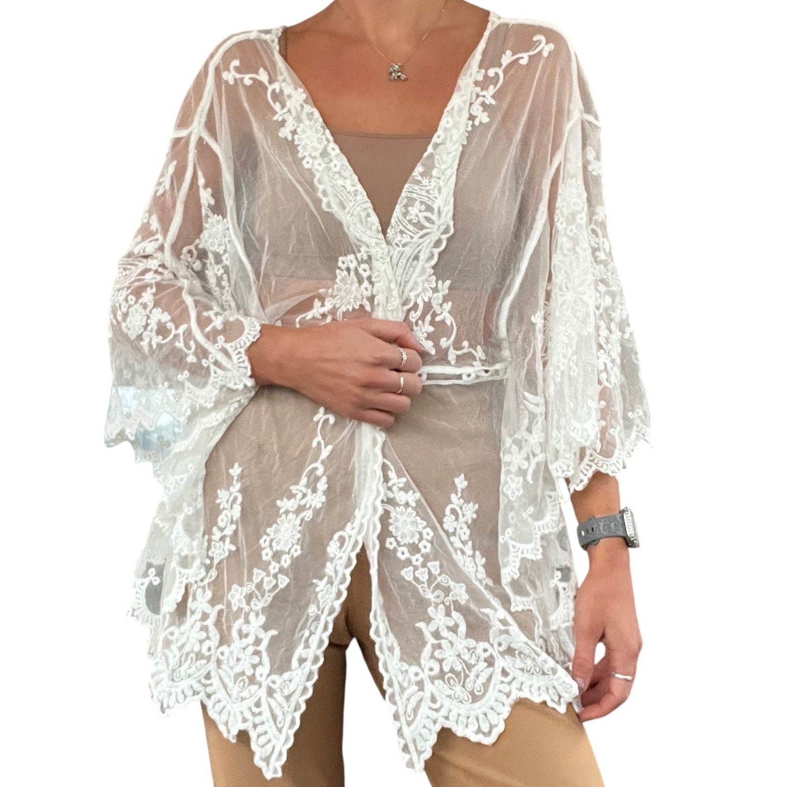 LIV LOS ANGELES Women’s 1X White Lace Kimono Kaftan Cover Up Boho Festival Bride
