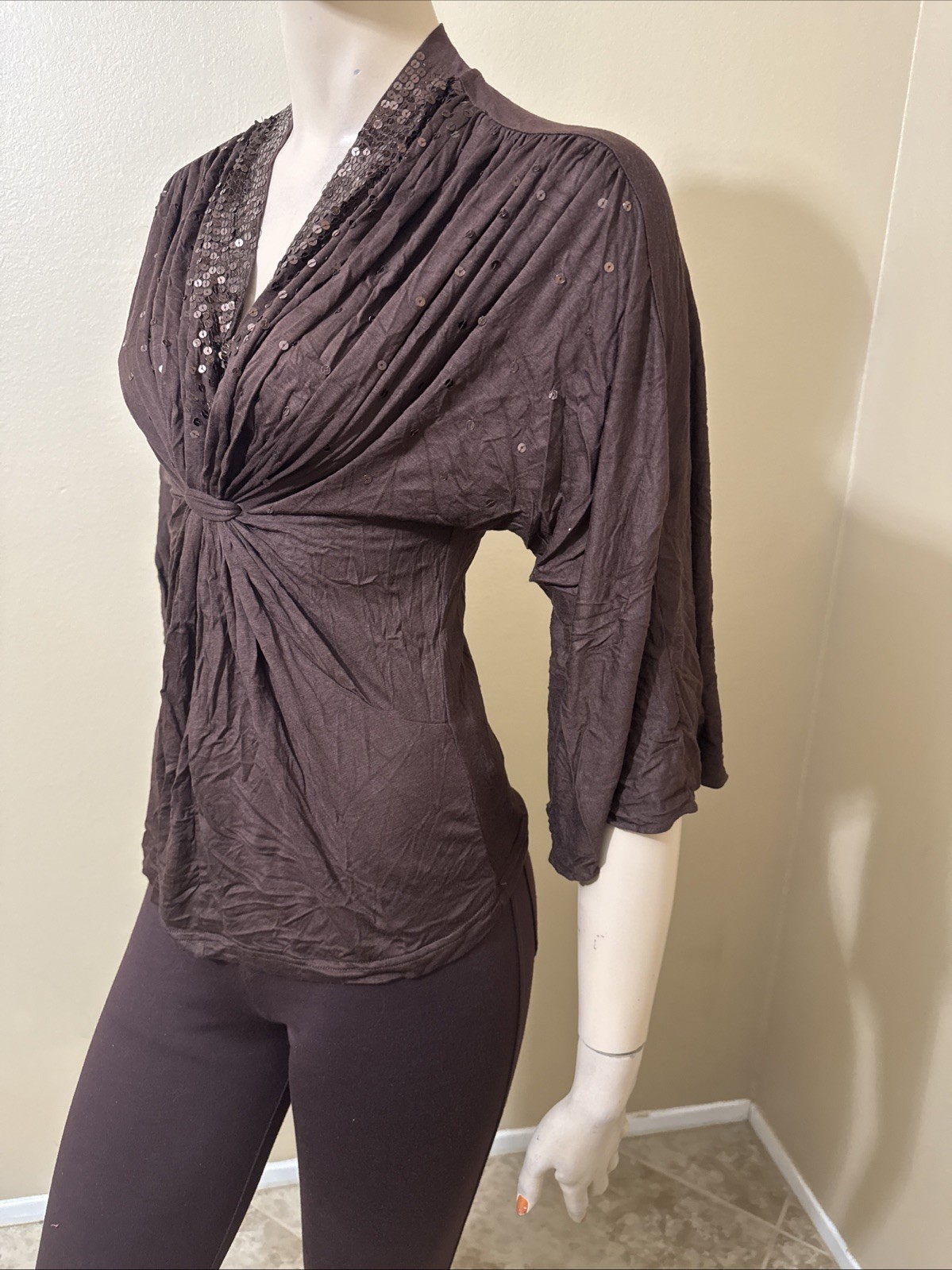 Women’s Brown Rayon Casual Pleated Stretch Beaded Bundle Size L Blouse Top
