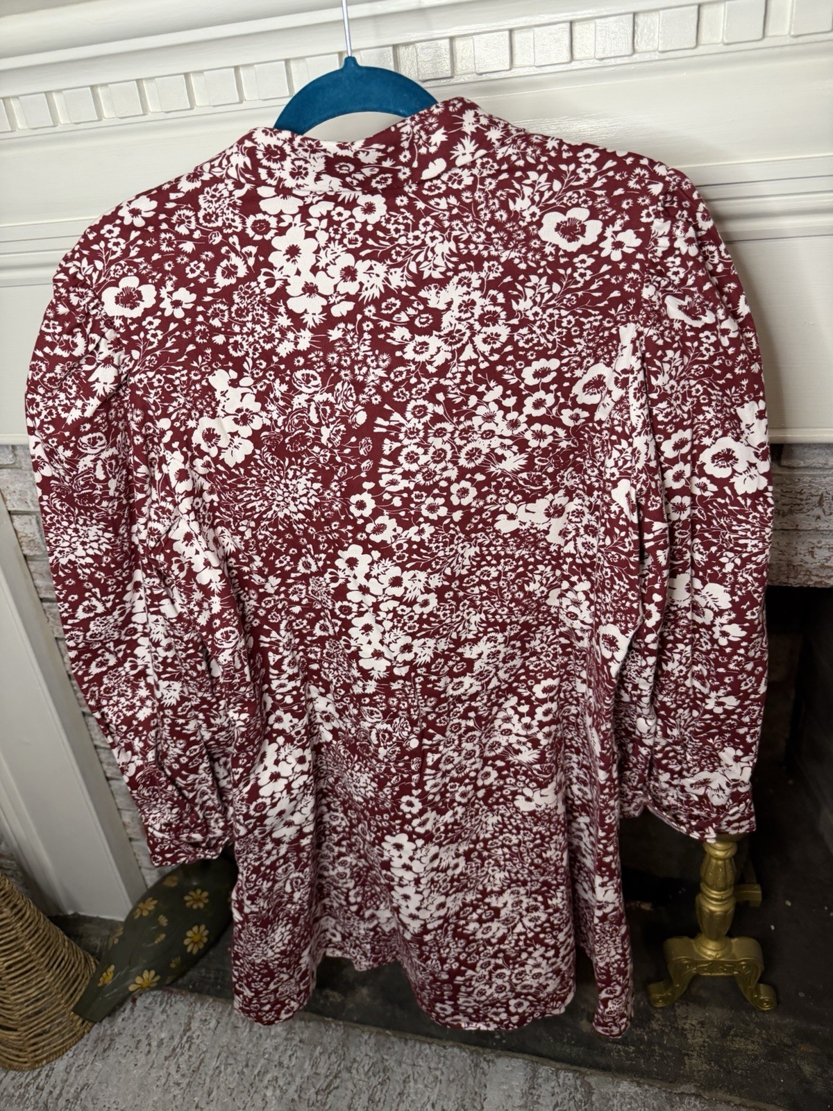 Hyacinth House Womens XXL Burgundy White Cotton Floral Collared Tunic Button