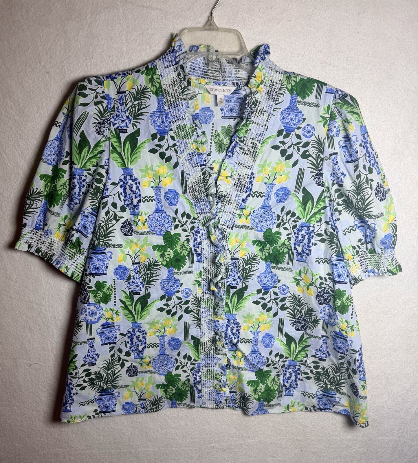 Crown & Ivy Chinoiserie Ginger Jar & Lemon Ruffle Blouse – Size XL