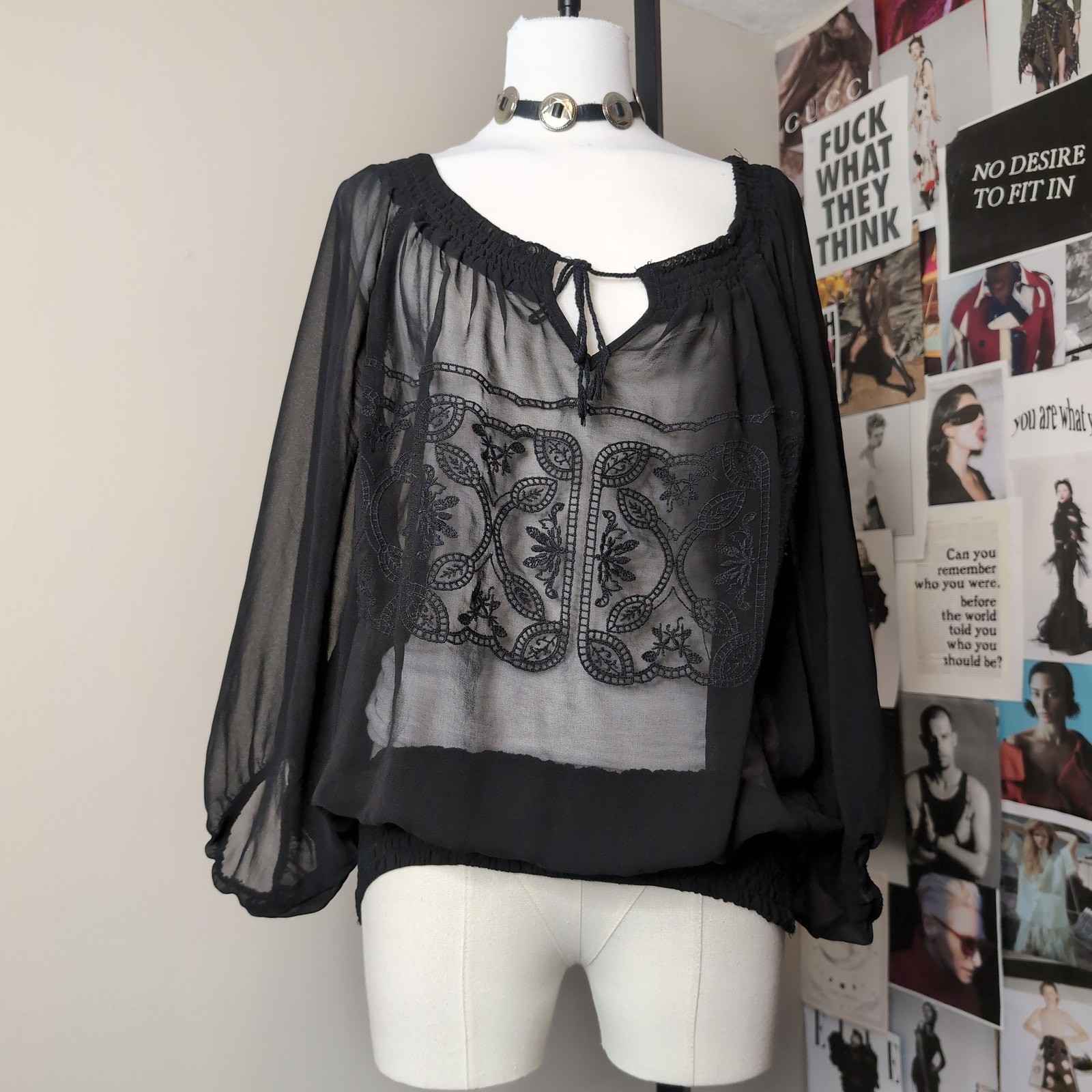 Embroidered Sheer Peasant Blouse