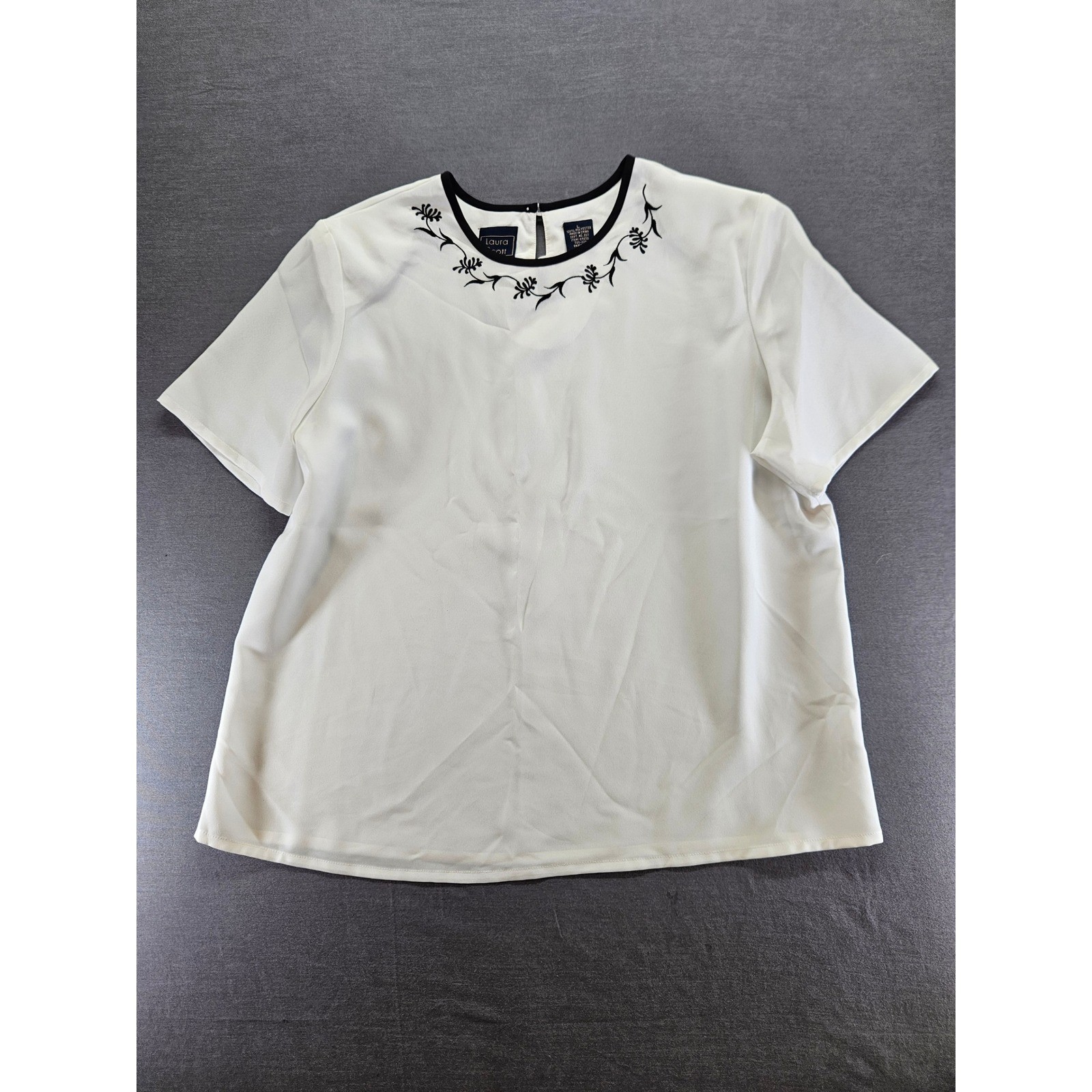 Laura Scott Womens White Short Sleeve Blouse Black Floral Embroidered Neck Large