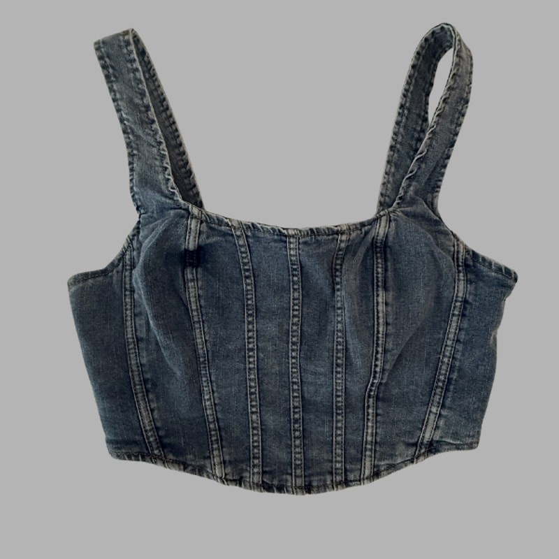 Denim Corset Crop Top Size Large Boned Bustier Back Zip Western Y2K Style