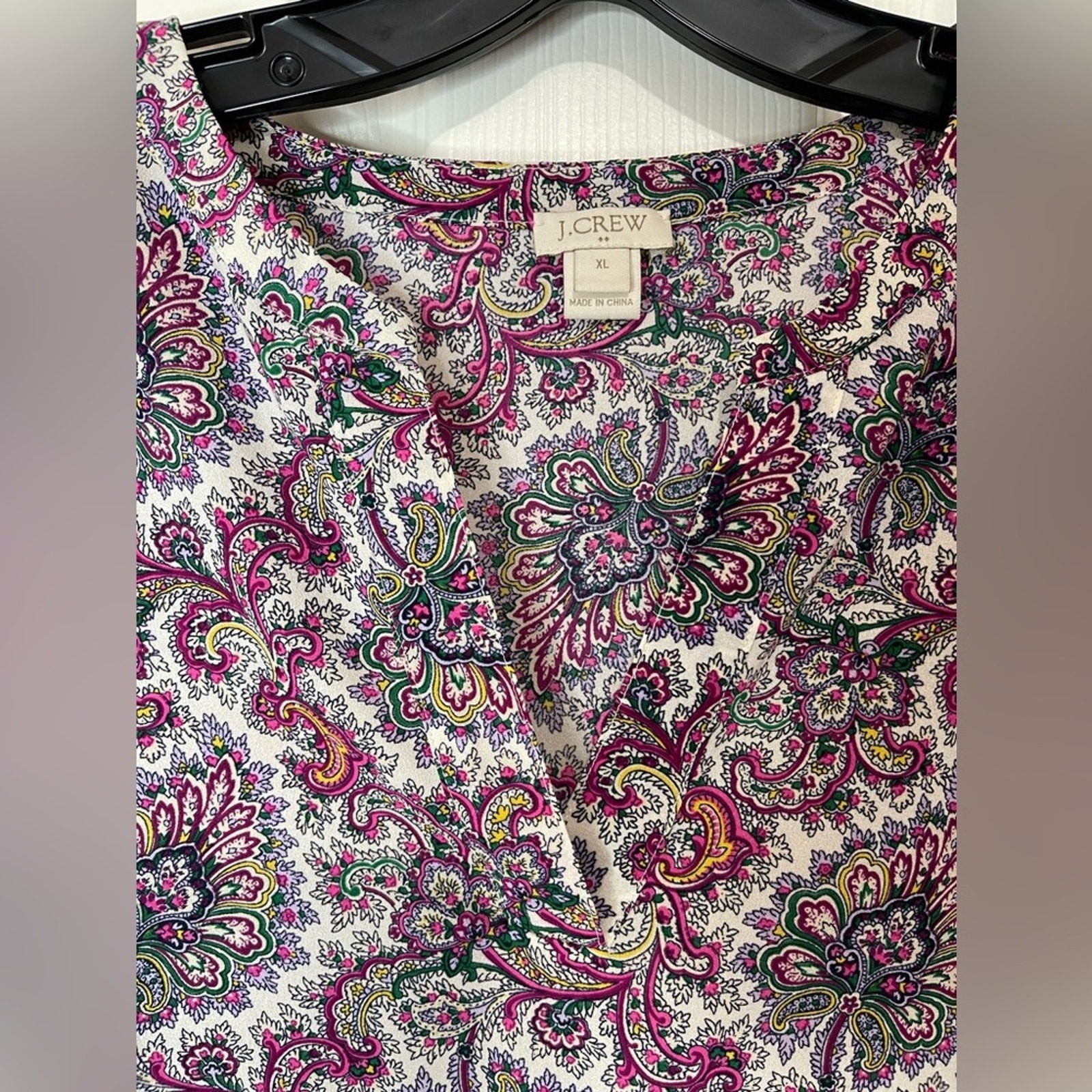 J Crew Purple Pink Colorful Preppy Paisley Boho V neck Bell Sleeve Shirt size XL