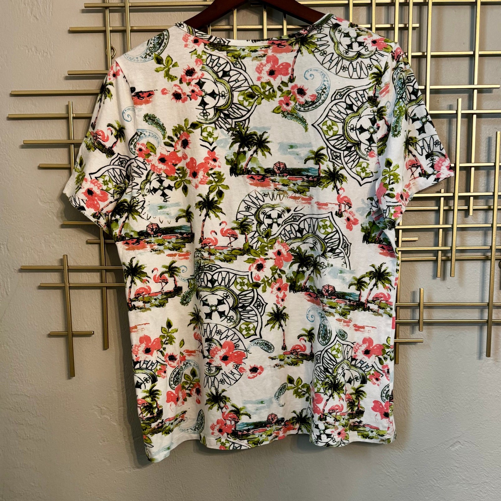 Coral Bay Women’s L Tropical Flamingo Floral Print Keyhole Top Beach Vacation