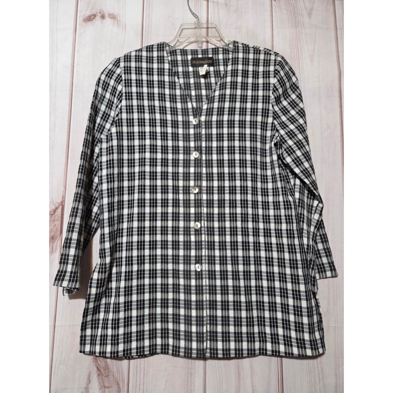 Requirements Womens Plaid Seersucker Button Down Tunic Blouse Black White Small