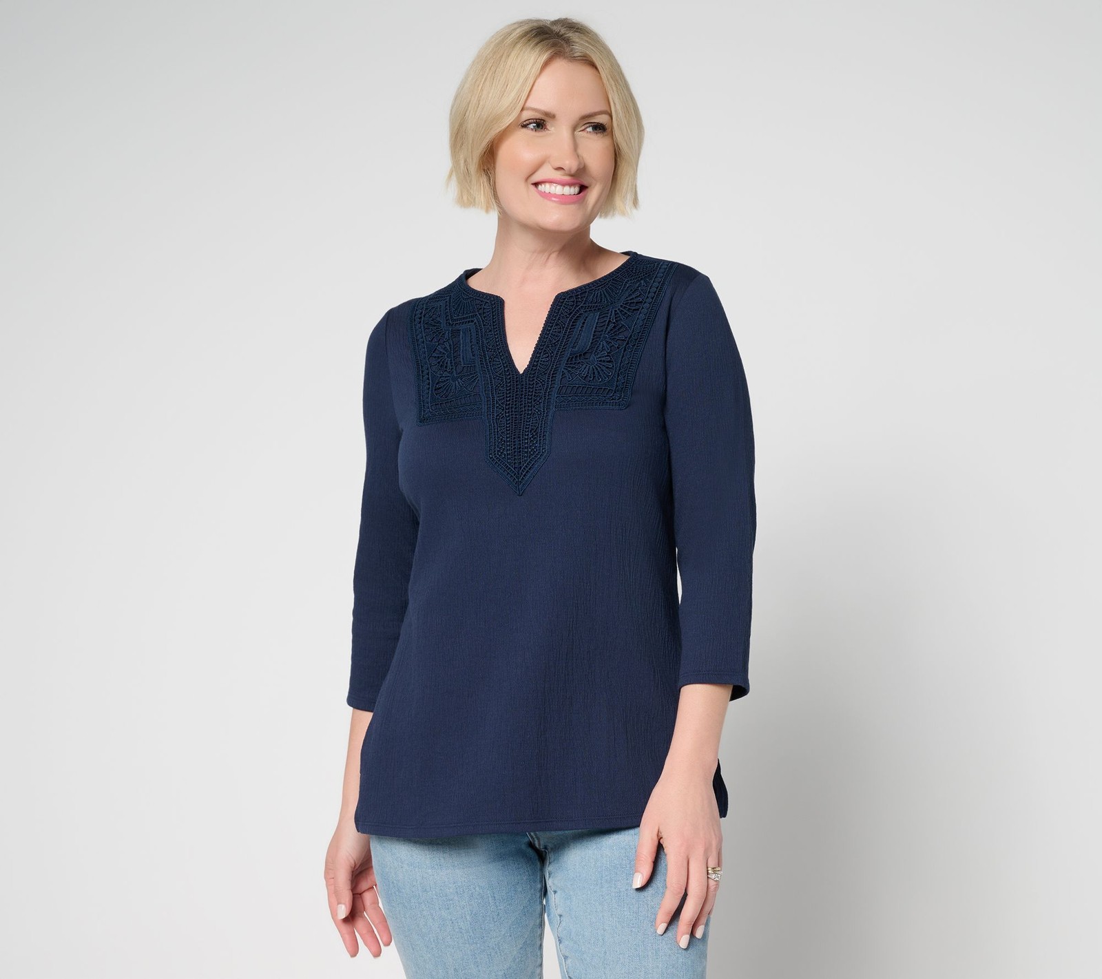 Belle by Kim Gravel Women’s Top Sz L Packabelle Gotta Getaway Lace Blue A687902