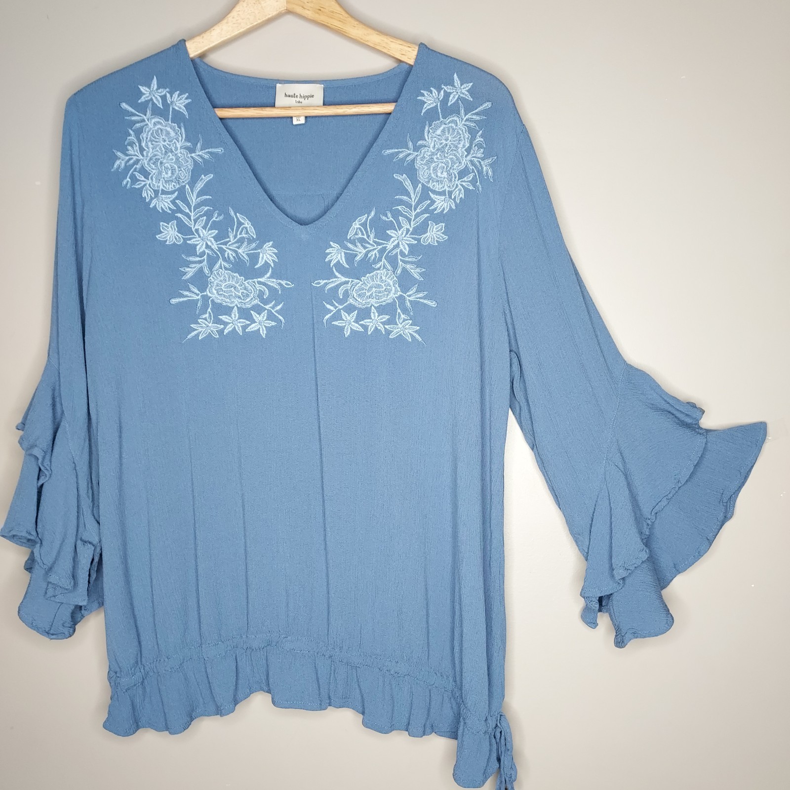 Haute Hippie Tribe Blue Embroidered Ruffle Bell Sleeves Boho Top Xl Fairycore