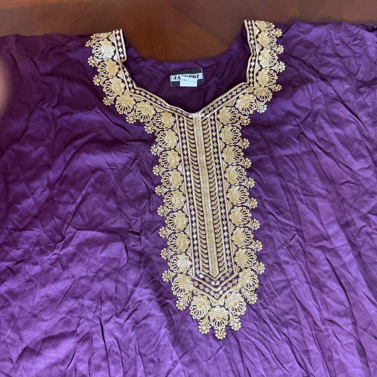 Boho Embroidered Tunic Medium Purple Gold Indian Kurta Rayon Kaftan Ethnic Top