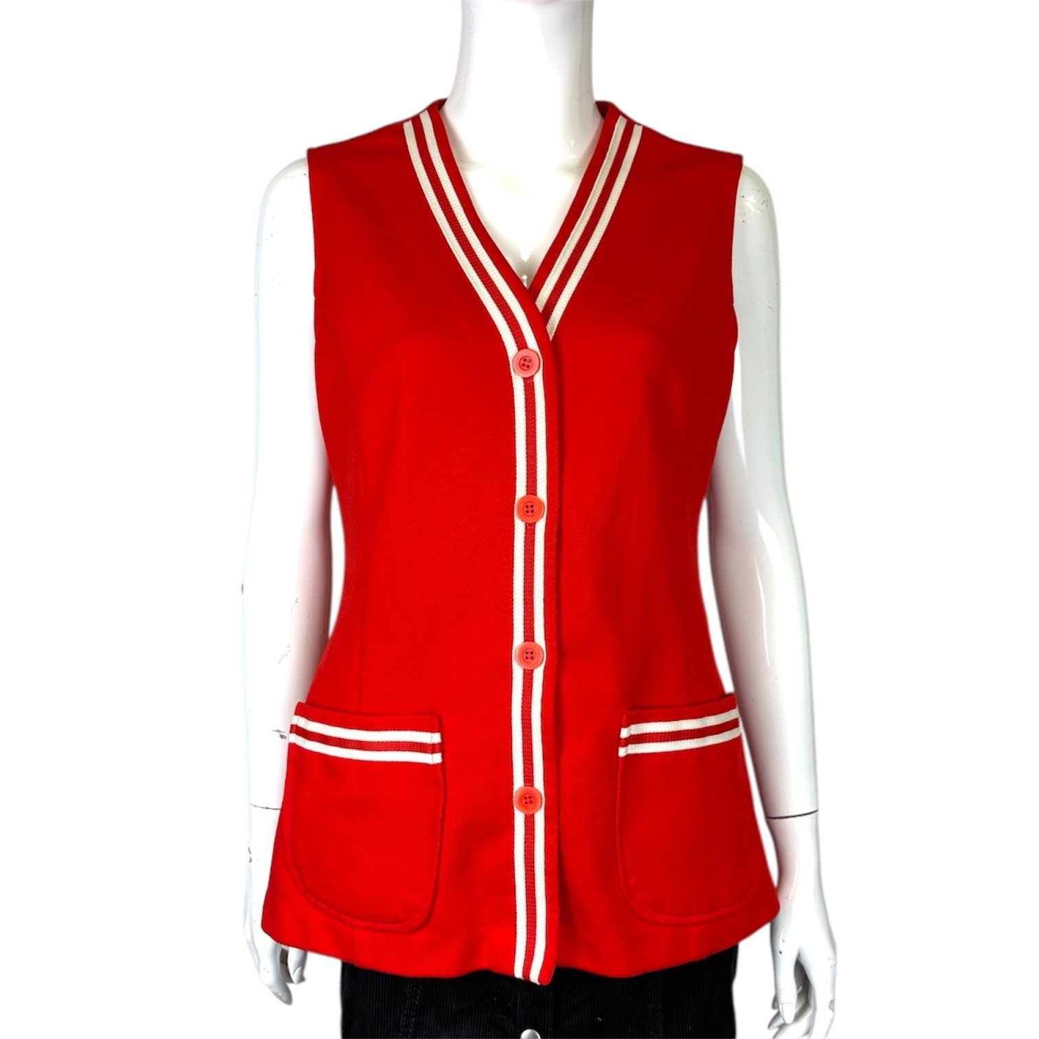 Vintage 60’s 70’s Red Sleeveless Top 10 12 Tunic Mod Retro True White Trim