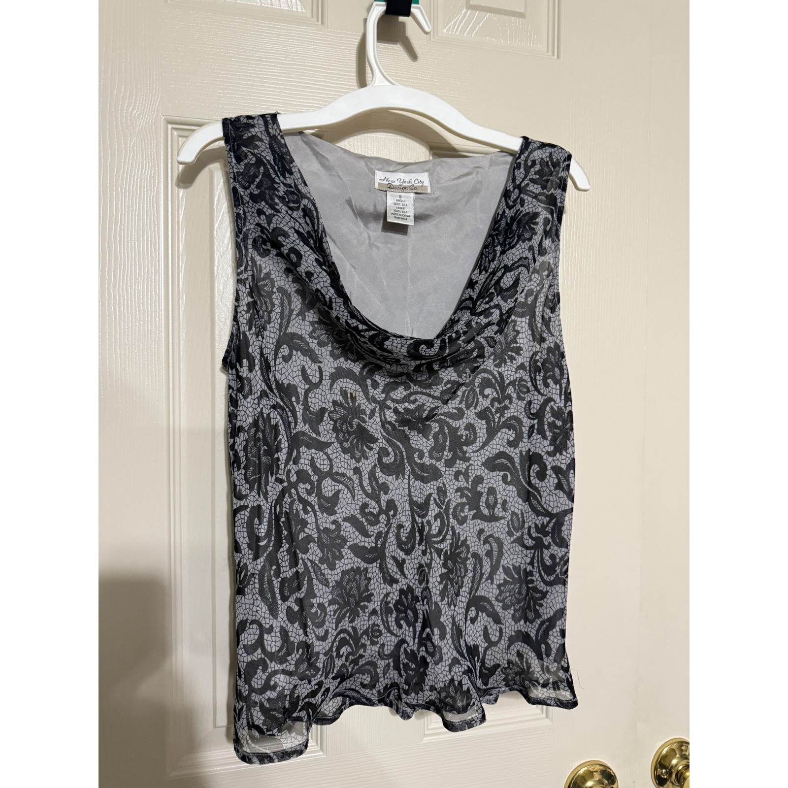New York City Design Co Womens 100% Silk Cowl Neck Blouse Black Grey Y2K