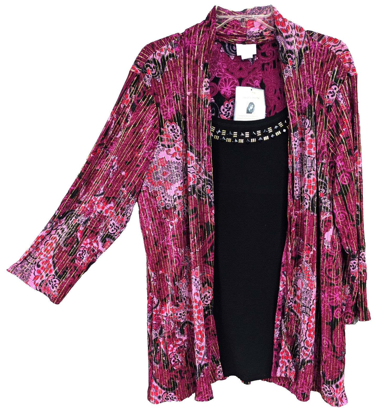 2X JACLYN SMITH 2-FER STUD KNIT TANK TOP, SHIMMERY ORIENTAL ACCORDIAN CARDIGAN