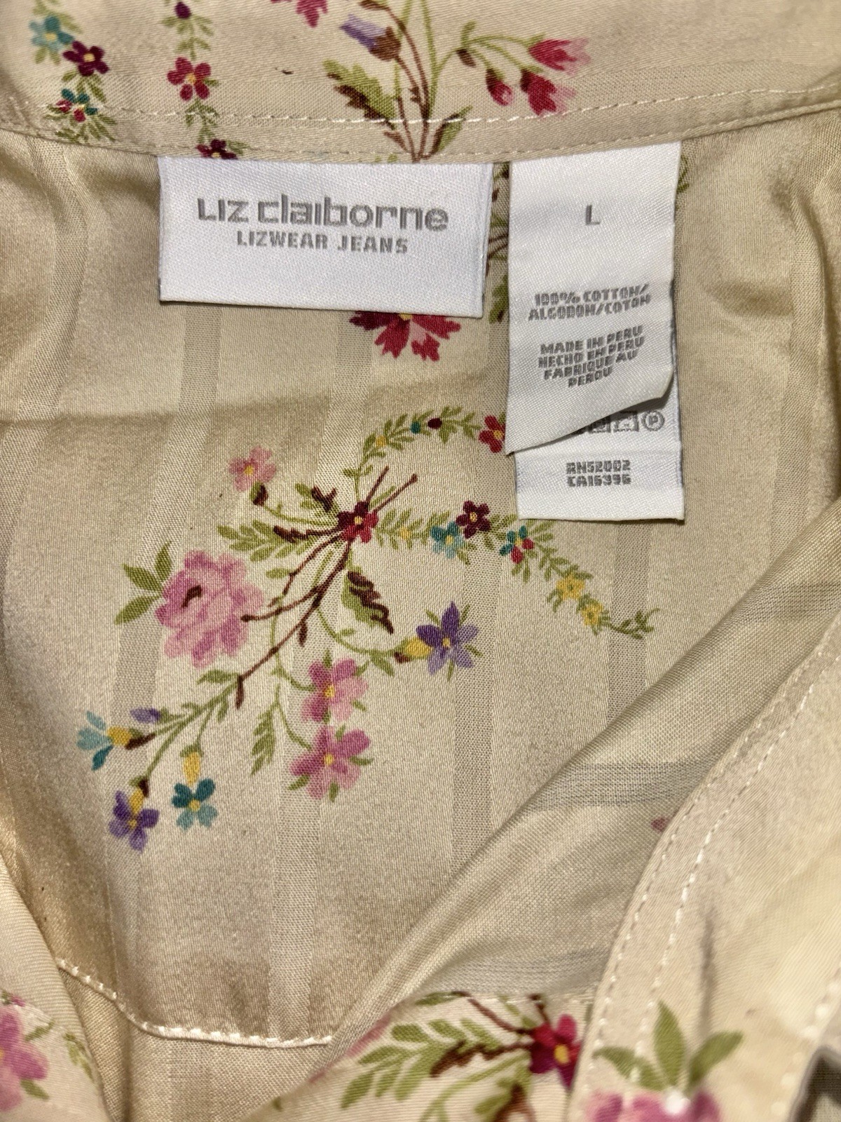 Liz Claiborne Lizwear Jeans Size L Button-Up Long Sleeve Top Tan Striped Floral