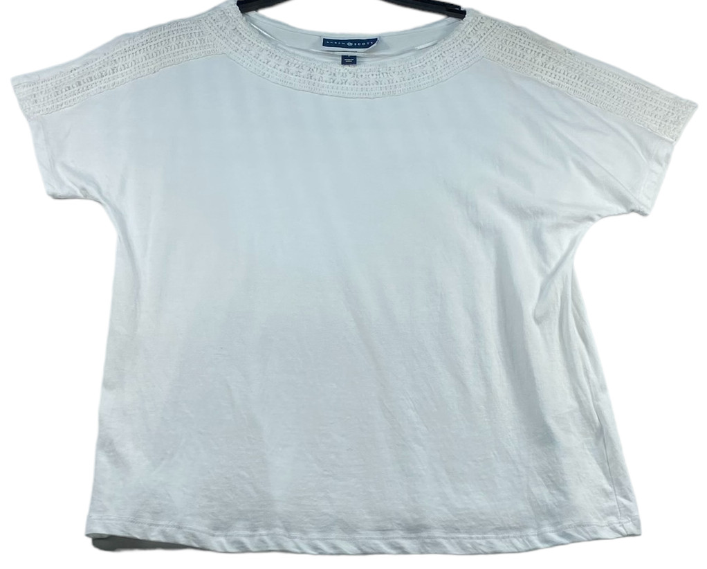Karen Scott Blouse Womens size Small White Dolman Short Sleeve Crochet Detail Nw