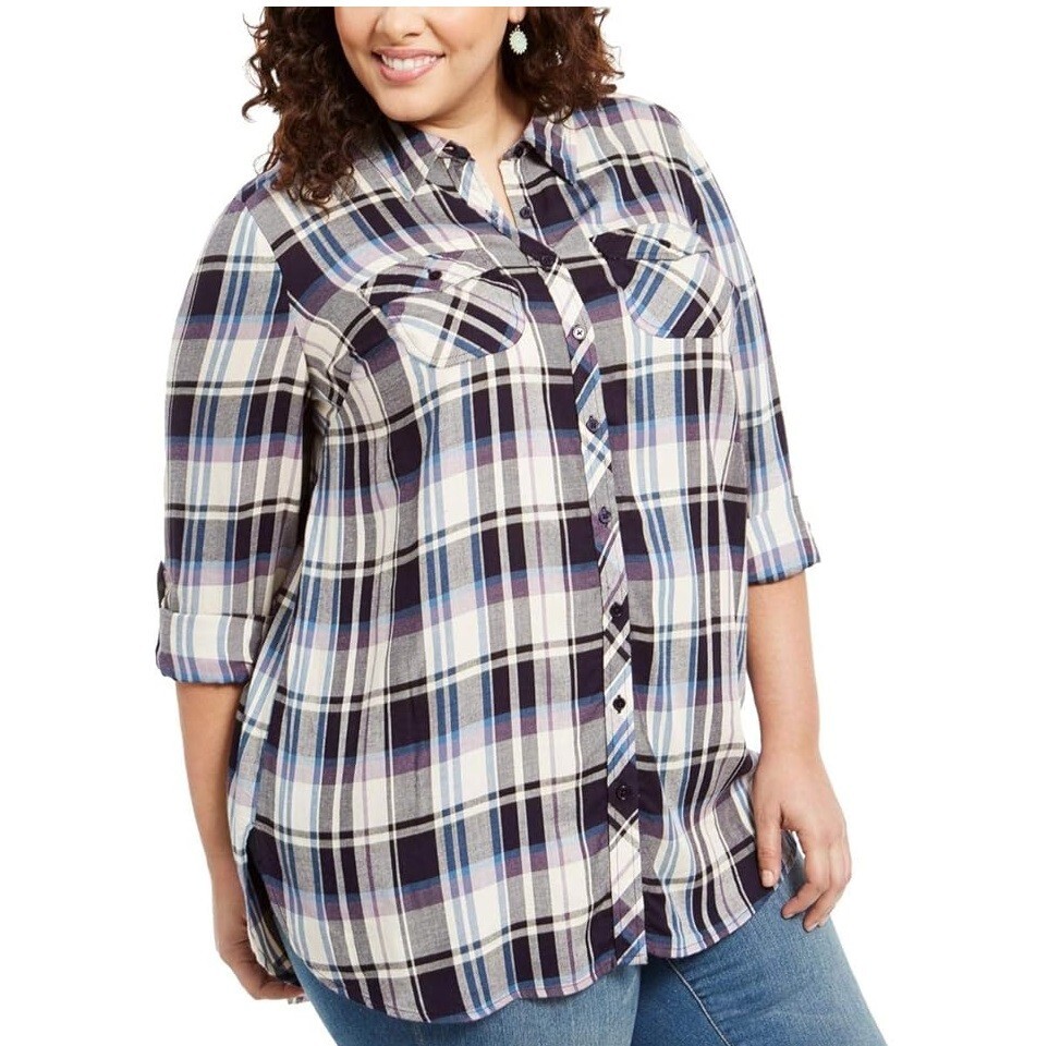 Style & Co Womens Plus 1X Grape Blue Plaid Long Sleeve Button Up Top NWT DF68