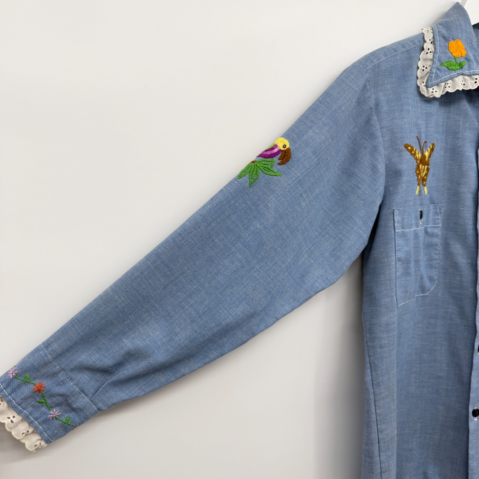 Vintage 70s Hand Embroidered Top Shirt S M Chambray Bird Butterfly Palm Tree USA